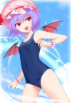  1girl bat_wings collarbone covered_navel fang fangs hat hat_ribbon mob_cap mocchisake one-piece_swimsuit open_mouth purple_hair red_eyes red_ribbon remilia_scarlet ribbon school_swimsuit short_hair skin_fang solo swimsuit touhou wings wrist_cuffs 