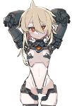  1girl black_panties blonde_hair breasts commentary_request cowboy_shot expressionless hair_between_eyes highleg highleg_panties highres joints long_hair mechanical_arms navel original panties red_eyes robot_girl robot_joints shimosuke simple_background small_breasts solo underwear white_background 