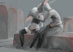  ambiguous/ambiguous ambiguous_gender anthro anthro_on_anthro clothed clothing duo grey_background hand_on_face ilp0 kissing lagomorph legwear leporid mammal navel partially_clothed rabbit simple_background sitting tagme topwear underwear 