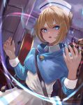  1girl bag blonde_hair blue_cloak blue_eyes castti_florenz cloak collared_shirt hair_bun hair_up highres leonmandala octopath_traveler octopath_traveler_ii parted_lips satchel shirt solo teeth upper_teeth_only v-shaped_eyebrows white_background 