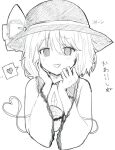  1girl :d commentary greyscale hat hat_ribbon heart heart_of_string komeiji_koishi long_sleeves looking_at_viewer monochrome open_mouth ribbon riripika_2525 simple_background smile solo spoken_heart third_eye touhou translation_request upper_body 