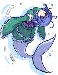  1girl backflip blue_eyes blue_hair breasts eichi_yuu green_kimono japanese_clothes kimono looking_at_viewer looking_back mermaid monster_girl open_mouth sketch solo touhou wakasagihime water white_background 