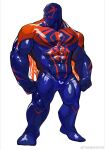  1boy alternate_muscle_size animal_print artist_request bara blue_bodysuit bodysuit broad_shoulders bulge clenched_hands full_body highres large_pectorals looking_to_the_side male_focus marvel mask muscular muscular_male pectorals print_bodysuit red_bodysuit solo spider-man:_across_the_spider-verse spider-man_(2099) spider-man_(series) spider-verse spider_print thick_arms thighs two-tone_bodysuit v-taper 