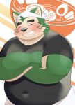  amidasuke anthro bandanna belly blush canid canine canis clothing crossed_arms domestic_dog eyebrows eyes_closed food fur green_body green_fur grin hi_res kerchief lifewonders live_a_hero male mammal mokdai noodles overweight ramen shirt smile solo t-shirt thick_eyebrows topwear 
