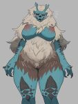  3:4 anthro areola baburusushi big_breasts blue_body blush bodily_fluids breasts capcom female female_anthro fur genitals goss_harag hi_res horn monster_hunter nipples nude pussy simple_background solo 