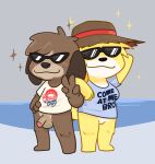  anthro bottomless bottomless_female bottomless_male brother_(lore) brother_and_sister_(lore) brown_body brown_fur canid canine canis clothed clothing crushpepper domestic_dog duo eyewear female flaccid fur genitals hi_res male mammal penis shih_tzu sibling_(lore) sister_(lore) suggestive_shirt suggestive_topwear sunglasses tagme toy_dog twins_(lore) v yellow_body yellow_fur 