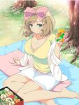  1girl bad_link barefoot bento blanket blonde_hair bow breasts can carrot cherry_blossoms cleavage curly_hair egg_(food) food grass green_eyes hair_bow hair_ribbon haruka_(senran_kagura) large_breasts looking_at_viewer outdoors pencil_skirt picnic pillow pink_bow ribbon senran_kagura senran_kagura_new_wave short_hair skirt smile solo spring_onion sweater tomato tree white_skirt yaegashi_nan yellow_sweater 