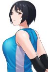  1girl black_hair blue_shirt breasts brown_eyes closed_eyes closed_mouth commentary_request elbow_pads flexible hashi looking_at_viewer medium_breasts original shirt short_hair shoulder_blades single_stripe solo stretching tomboy white_stripes 