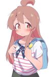 1girl :| absurdres ahoge alternate_costume anchor_print backpack bag bare_arms brown_eyes brown_hair closed_mouth commentary hair_between_eyes hatafuta highres holding_strap light_blush long_hair looking_at_viewer onii-chan_wa_oshimai! oyama_mahiro shirt short_sleeves simple_background sketch solo striped striped_shirt upper_body white_background 