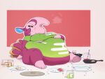  2023 after_eating animal_crossing anteater anthro belly big_belly bodily_fluids breasts clothed clothing crumbs female food fur hand_on_stomach mammal nintendo obese obese_anthro obese_female overweight overweight_anthro overweight_female pilosan pink_body pink_fur simple_background snooty_(animal_crossing) solo stuffing sweat xenarthran yellowhellion 