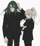 2boys alternate_costume archer_(fate/samurai_remnant) black_jacket black_pants blue_hair buttons commentary_request contemporary crossed_arms fate/samurai_remnant fate_(series) fgo39625963 gakuran green_hair grey_hair highres jacket long_hair long_sleeves looking_at_another male_focus multicolored_hair multiple_boys pants ponytail school_uniform signature simple_background streaked_hair sweatdrop two-tone_hair very_long_hair white_background yellow_eyes zheng_chenggong_(fate) 