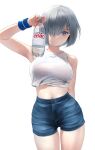  1girl bare_shoulders blue_eyes blue_shorts blush bottle breasts grey_hair hair_ornament hair_over_one_eye hairclip hamakaze_(kancolle) highres kantai_collection large_breasts looking_at_viewer midriff navel shirt short_hair shorts sleeveless sleeveless_shirt smile solo thighs variant_set wa_(genryusui) water_bottle white_background white_shirt wristband 