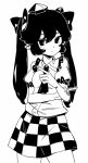  1girl breasts checkered_clothes checkered_skirt greyscale hat himekaidou_hatate long_hair looking_at_viewer maguro_(mawaru_sushi) monochrome pointy_ears short_sleeves simple_background skirt small_breasts solo tokin_hat touhou twintails white_background 