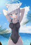  1girl absurdres animal_ear_fluff animal_ears black_one-piece_swimsuit blue_archive blue_eyes blue_sky breasts cloud competition_swimsuit covered_navel cowboy_shot cross_hair_ornament day extra_ears grey_hair hair_ornament halo highres holding holding_hair horizon looking_at_viewer low_ponytail medium_breasts medium_hair mismatched_pupils mouth_hold multicolored_clothes multicolored_swimsuit natsukari_na ocean one-piece_swimsuit outdoors palm_leaf shiroko_(blue_archive) shiroko_(swimsuit)_(blue_archive) sky solo swimsuit wolf_ears 