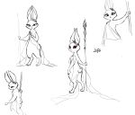 anthro clothed clothing dreamworks english_text fan_character female frown hi_res holding_object holding_weapon lagomorph leporid long_ears looking_back looking_down mammal prick_ears puss_in_boots_(film) puss_in_boots_the_last_wish rabbit random_seafood red_eyes short_tail sketch solo staff standing tail text weapon 