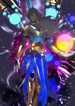  arjuna_(fate) arjuna_alter_(fate) black_hair dark_skin earth_(planet) fate/grand_order fate_(series) flower gold_armor horns long_hair looking_at_viewer mechanical_wings official_art pako_(pakosun) pants planet purple_flower wings 