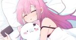  :3 animal_ears bed_sheet blanket blush_stickers cat cat_ears cellphone ear_piercing holding holding_stuffed_toy long_hair lying mikeneko_(utaite) niconico on_side phone piercing pillow pink_hair sakana_(saka11205) sidelocks sleeping strap_slip stuffed_toy white_cat 