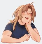  1boy :p aiphelix androgynous black_shirt blonde_hair blush edward_elric fullmetal_alchemist highres long_hair looking_at_viewer male_focus pectorals shirt short_sleeves simple_background smile t-shirt tongue tongue_out upper_body yellow_eyes 