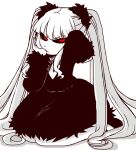  1girl angry arm_behind_head ascot black_dress black_footwear black_sclera blood blood_on_face closed_mouth colored_sclera dress funamusea hand_on_own_face hersilia_(funamusea) looking_at_viewer mamaito monochrome red_eyes solo twintails white_ascot 