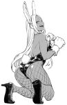  1girl animal_ears ass back bare_shoulders black_footwear black_leotard boku_no_hero_academia breasts dark-skinned_female dark_skin dress fishnet_pantyhose fishnets from_behind fur_collar gloves greyscale high_heels highres kneeling large_breasts leotard long_eyelashes long_hair looking_at_viewer mirko monochrome open_mouth pantyhose parted_bangs prime rabbit_ears rabbit_girl rabbit_tail smile solo strapless strapless_dress tail tail_through_clothes teeth thighs tiptoes toned upper_teeth_only white_gloves white_hair 
