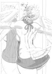  1girl absurdres back backboob bird_tail blood blood_from_eyes breasts commentary_request feathered_wings feathers futaba_channel glasses greyscale harpy heart highres jackasss large_breasts looking_back maid_headdress meme_attire mirror monochrome monster_girl nijiura_maids nipple_slip nipples owl_girl short_hair solo spoken_heart tail tail_feathers virgin_killer_sweater winged_arms wings yabai 