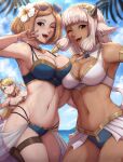  3girls :d ;d absurdres alternate_costume animal_ears ash_(fire_emblem) bare_shoulders beach blonde_hair blue_sky breasts brown_eyes brown_hair cleavage cow_ears cow_girl cow_tail dark-skinned_female dark_skin ear_piercing evomanaphy eyewear_on_head fire_emblem fire_emblem_cipher fire_emblem_heroes flower freckles grey_hair grin groin hair_flower hair_ornament heart highres horns jewelry kiran_(female)_(fire_emblem) kiran_(fire_emblem) large_breasts long_hair looking_at_viewer multiple_girls navel official_alternate_costume one_eye_closed piercing sharena_(fire_emblem) short_hair sky smile sunglasses tail 