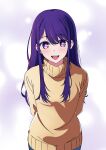  1girl :d amaha_mei anime_coloring arms_behind_back blue_pants blush brown_sweater commentary_request cowboy_shot hair_between_eyes highres hoshino_ai_(oshi_no_ko) long_hair looking_at_viewer oshi_no_ko pants purple_eyes purple_hair smile solo star-shaped_pupils star_(symbol) sweater swept_bangs symbol-shaped_pupils teeth turtleneck turtleneck_sweater upper_teeth_only 