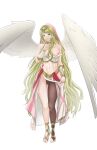  1girl angel_wings bare_shoulders breasts bridal_legwear brown_pantyhose closed_mouth collarbone dancer english_commentary eyelashes feathered_wings feet finger_to_face fire_emblem fire_emblem:_radiant_dawn fire_emblem_heroes full_body green_eyes green_hair hand_up highres leanne_(fire_emblem) leanne_(hatari)_(fire_emblem) legs looking_at_viewer medium_breasts midriff navel nipples no_shoes pantyhose pink_skirt pomelomelon simple_background single_leg_pantyhose skirt solo swept_bangs thighs toeless_legwear toes veil wardrobe_malfunction white_background white_skirt white_wings wings 