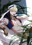  1boy absurdres bare_pectorals blonde_hair fate/grand_order fate_(series) gilgamesh_(caster)_(fate) gilgamesh_(fate) highres lying male_focus on_back open_mouth pectorals pillow plant red_eyes sasakitogd short_hair shoulder_tattoo solo tattoo turban vest 