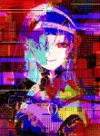  1girl abstract absurdres blue_hair breasts closed_mouth colorful commentary_request glitch goddess_of_victory:_nikke hair_over_one_eye half-closed_eyes happy highres long_hair looking_at_viewer medium_breasts modernia_(nikke) one_eye_covered otonoha_aika pale_skin red_background red_eyes sidelocks smile solo straight-on upper_body 