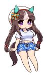  1girl animal_ears blue_shorts bow braid breasts brown_hair chibi commentary_request ear_bow ear_covers floral_print full_body gaze_on_me!_outfit_(umamusume) highres hokko_tarumae_(umamusume) horse_ears horse_girl horse_tail large_breasts long_hair looking_at_viewer midriff multicolored_hair navel purple_eyes shirt shorts simoyuki simple_background solo streaked_hair tail tied_shirt twin_braids umamusume white_background white_hair white_headwear white_shirt 