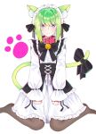  1boy animal_ear_fluff animal_ears bell black_bow black_pantyhose bow cat_boy cat_ears cat_tail collar crossdressing green_hair highres kemonomimi_mode lio_fotia long_sleeves maid maid_headdress male_focus neck_bell otoko_no_ko pantyhose paw_print promare puffy_long_sleeves puffy_sleeves purple_eyes red_collar rinno_promare short_hair simple_background solo tail tail_bow tail_ornament white_background 