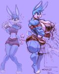  2023 anthro barefoot bulge buster_bunny clothed clothing crush detailed_bulge eyeliner feet genital_outline gynomorph intersex makeup muscular muscular_gynomorph muscular_intersex nipple_outline penis_outline simple_background skimpy snao solo struggling text tiny_toon_adventures vein veiny_muscles warner_brothers 