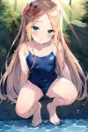  1girl abigail_williams_(fate) alternate_costume bare_shoulders barefoot blonde_hair blue_bow blue_eyes blue_one-piece_swimsuit bow breasts closed_mouth collarbone commentary_request covered_navel fate/grand_order fate_(series) feet foot_bath forehead hair_bow hanagata_kai head_tilt legs legs_apart one-piece_swimsuit orange_bow parted_bangs school_swimsuit sitting small_breasts smile solo swimsuit thighs toes wet 