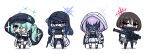  4girls arius_squad_(blue_archive) atsuko_(blue_archive) baseball_cap black_hair black_headwear black_mask blue_archive brown_hair chan_co chibi coat gun hair_over_one_eye hand_in_pocket hat highres hiyori_(blue_archive) holding holding_gun holding_weapon hood hood_down long_hair mask misaki_(blue_archive) mouth_mask multiple_girls open_clothes open_coat open_mouth ponytail purple_hair rocket_launcher saori_(blue_archive) short_hair side_ponytail simple_background standing sweat weapon white_background 