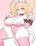  &lt;3 anthro big_breasts blonde_hair blush bow_tie breasts buckteeth cleavage clothed clothing collar double_v_sign female fur gesture gradient_background hair handpaw heart_key holding_key holding_object kemono key legwear leotard mammal mouse murid murine navel_outline open_mouth open_smile orange_eyes paws pigtails playboy_bunny rikose rodent shirt_cuffs short_stack simple_background smile solo stockings teeth tight_clothing v_sign white_body white_fur wide_hips 