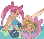  2girls age_difference bishoujo_senshi_sailor_moon black_cat black_lady blonde_hair blush breasts cat chibi_usa closed_eyes earrings jewelry luna-p luna_(sailor_moon) multiple_girls open_mouth p_m_ame pink_hair red_eyes simple_background size_difference swimsuit tsukino_usagi water white_background 