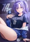  1girl black_buruma black_shirt blue_archive blue_buruma blue_eyes blue_jacket blush bottle breasts buruma gym_shirt gym_uniform halo highres id_card jacket jacket_partially_removed looking_at_viewer mitsukayurie official_alternate_costume parted_bangs plastic_bottle ponytail purple_hair shirt sitting solo star_sticker sticker_on_face thighs tongue tongue_out yuuka_(blue_archive) yuuka_(gym_uniform)_(blue_archive) 