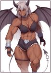  1girl abs absurdres arms_at_sides artist_logo bandaged_arm bandages biceps black_horns border bra breasts brooch brown_lips chain cleavage collarbone cuffs dark-skinned_female dark_skin demon_girl demon_horns demon_tail demon_wings fingerless_gloves fur-trimmed_shorts fur_trim gloves grey_hair grin highres horns jewelry large_breasts lips long_hair looking_at_viewer muscular muscular_female navel original red_eyes scar scar_on_arm scar_on_cheek scar_on_face scar_on_shoulders scar_on_stomach shackles short_shorts shorts smile solo speedl00ver stomach tail thick_thighs thigh_strap thighs twisted_torso underwear very_long_hair walking white_border wings 