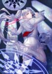 1girl blue_eyes boots dress floating_hair highres holding holding_sword holding_weapon leg_up long_hair long_sleeves minazuki_utciha myrtenaster parted_lips rwby short_dress side_ponytail solo sword very_long_hair weapon weiss_schnee white_dress white_footwear white_hair 