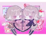  2girls :o ;o backpack bag black_ribbon black_thighhighs brown_jacket brown_skirt cheong_(nept1211) cherry chibi danganronpa_(series) danganronpa_2:_goodbye_despair danganronpa_3_(anime) dual_persona flipped_hair food frilled_pillow frills from_side fruit galaga gradient_background hair_ornament heart heart_pillow hood hood_down hope&#039;s_peak_academy_school_uniform hug jacket long_sleeves looking_at_viewer medium_hair miniskirt multiple_girls nanami_chiaki one_eye_closed outline pillow pink_background pink_bag pink_eyes pleated_skirt ribbon school_uniform skirt thighhighs white_outline 