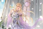  1girl artist_request bare_shoulders blonde_hair blue_eyes bouquet braid cathedral detached_sleeves douluo_dalu falling_petals flower hair_ornament hand_in_own_hair highres holding holding_bouquet long_hair long_sleeves looking_to_the_side parted_lips petals qian_renxue_(douluo_dalu) second-party_source solo teeth upper_body white_flower window 