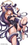  1girl adapted_costume barefoot blue_eyes breasts center_opening covered_navel halo highleg highleg_swimsuit highres hololive hololive_english long_hair looking_at_viewer medium_breasts multicolored_hair ninomae_ina&#039;nis one-piece_swimsuit orange_hair purple_hair solo swimsuit tentacle_hair tentacles underboob virtual_youtuber wonnikon 