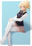  1girl ayase_eli blonde_hair blue_eyes boots brown_skirt closed_mouth collared_shirt crossed_legs green_necktie hair_ornament hairclip high_heel_boots high_heels highres long_hair long_sleeves looking_at_viewer love_live! love_live!_school_idol_project miniskirt necktie ponytail pukonuu shirt sitting skirt smile solo sweater_vest thigh_boots white_footwear white_shirt zettai_ryouiki 
