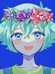  1boy 6528so basil_(omori) blue_background blue_overalls blush close-up collarbone flower green_eyes green_hair green_shirt head_wreath highres looking_at_viewer omori open_mouth overalls shirt short_hair short_sleeves simple_background smile solo upper_body 