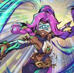 1girl bare_shoulders belt blindfold braid brown_belt chain crop_top dark-skinned_female dark_skin detached_sleeves grin league_of_legends multicolored_background multicolored_hair nilah_(league_of_legends) outstretched_arms pants phantom_ix_row pink_hair purple_hair shirt smile solo spiked_belt teeth twin_braids two-tone_hair 