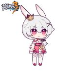  1girl breasts chibi crown eta full_body gloves hair_ornament honkai_(series) honkai_impact_3rd logo official_alternate_costume official_art pink_hair ponytail rabbit small_breasts smile standing theresa_apocalypse theresa_apocalypse_(sakura_rondo) thighhighs white_gloves white_hair white_thighhighs x_hair_ornament 