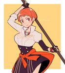  1girl black_gloves do_m_kaeru fingerless_gloves fire_emblem fire_emblem:_three_houses garreg_mach_monastery_uniform gloves leonie_pinelli looking_at_viewer orange_eyes orange_hair polearm short_hair smile solo v-shaped_eyebrows very_short_hair weapon 