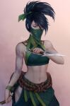  1girl absurdres akali arm_tattoo artelsia artist_name bare_arms black_hair breasts cowboy_shot gradient_background green_mask hair_between_eyes highres holding holding_weapon league_of_legends long_hair mask medium_breasts midriff mouth_mask navel ponytail red_eyes rope simple_background solo standing stomach tattoo weapon 