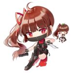  ahoge black_dress black_footwear black_gloves black_mask black_vest blush blush_stickers boots brown_hair chibi closed_eyes combo_fairy_(girls&#039;_frontline) dress fairy_(girls&#039;_frontline) fingerless_gloves full_body girls&#039;_frontline gloves gun hair_ribbon handgun holding holding_gun holding_knife holding_weapon knee_pads knife leaf leaf_on_head long_hair looking_at_viewer mask mouth_mask multiple_girls ninja official_art one_side_up own_hands_together pouch red_eyes red_ribbon red_scarf ribbon saru scarf simple_background thigh_boots third-party_source torn_clothes torn_scarf transparent_background very_long_hair vest weapon weapon_request 